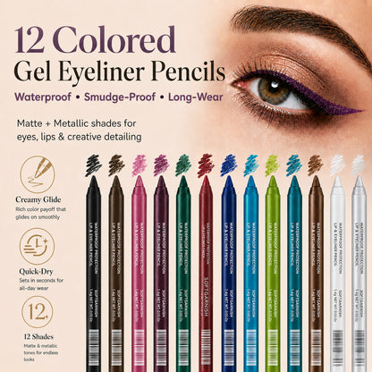 12-SHADE COLORED GEL EYELINER + METALLIC & SHIMMER FINISHES